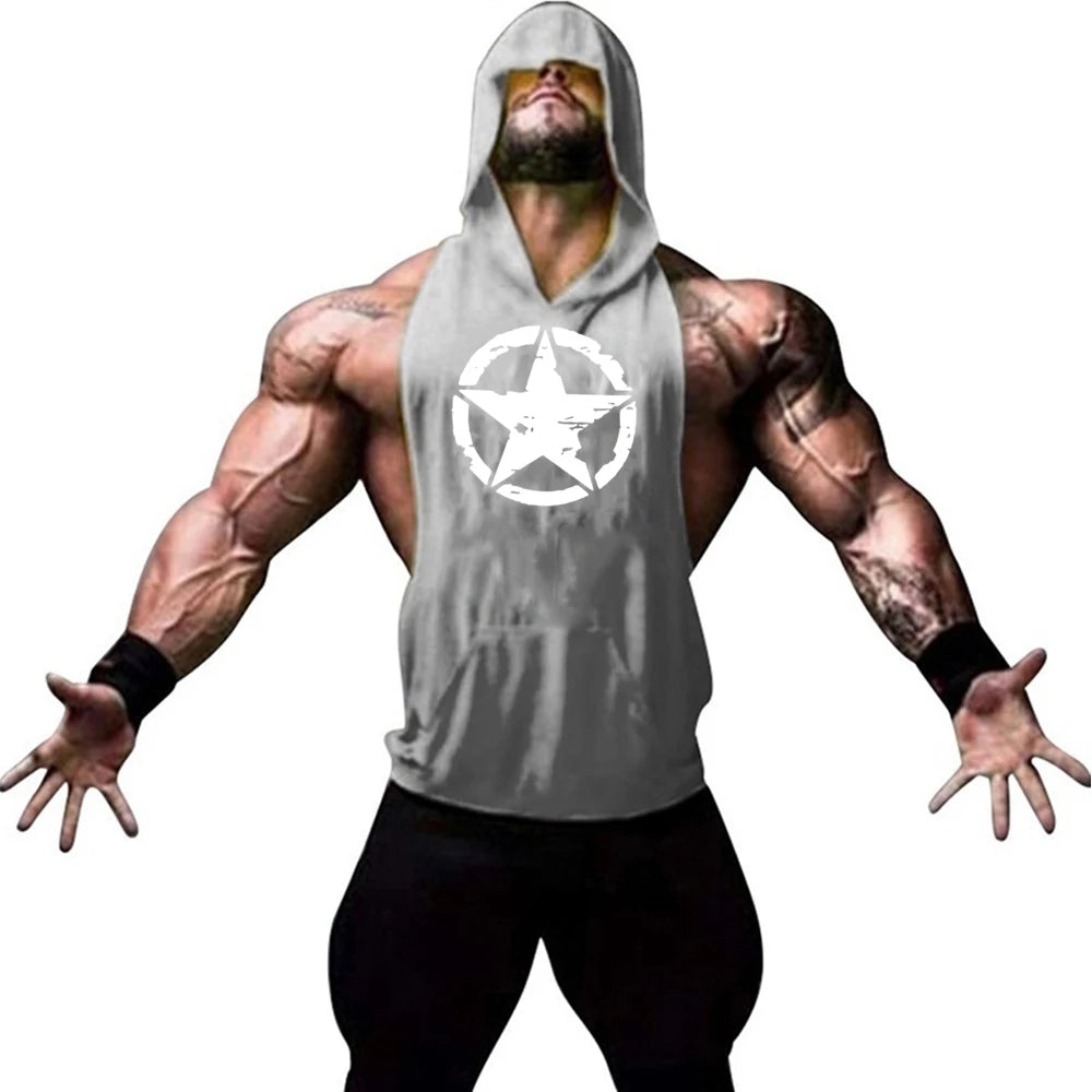 Fitness muscle vest sleeveless hooded men's summer gym sports hooded sweatshirt training sweat absorbing short sleeved vest - Sun Studio