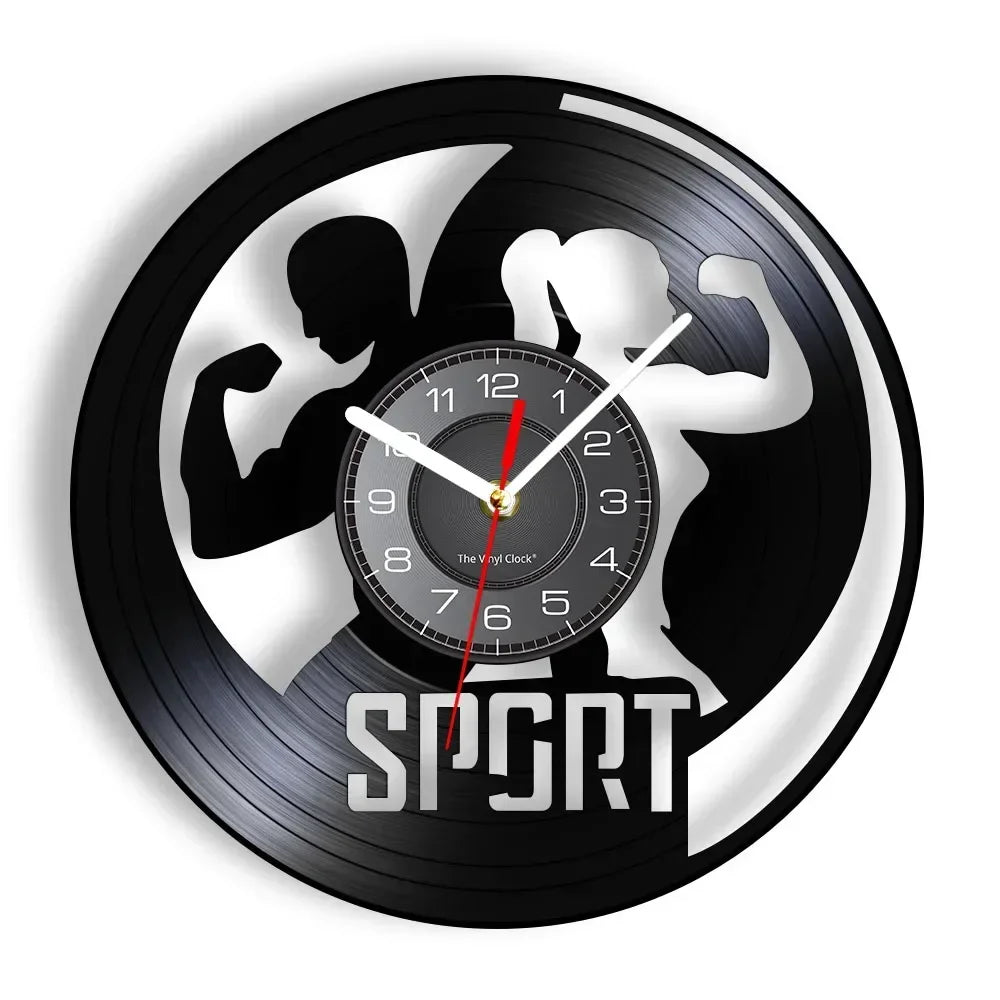 Fitness Equipment Thema Vinyl Schallplatte Fitness Wanduhr Heimdekoration LED Hintergrundbeleuchtung Moderne Fitness Uhr