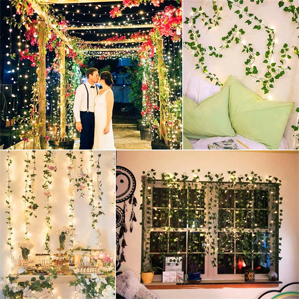 12/10/2m Fake Green Leaf Ivy Vine with LED Lights Home Bedroom Decor Wedding Glowing Artifical Plant Garland Home Decor - Sun Studio