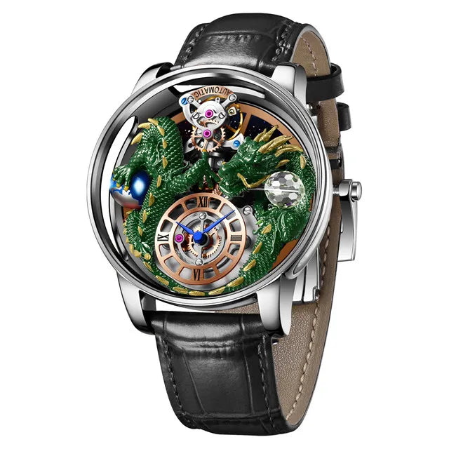 PINDU Design Neue 3D Drache Erde Thema Quarzuhren Herren Himmlische Serie Gebogenes Glas Transparentes Design Uhr Armbanduhren