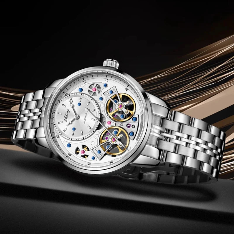 AILANG Brand New Luxury Double Tourbillon Watch for Men Stainless Steel Strap Waterproof Fashion Mechanical Watches Mens - Sun Studio