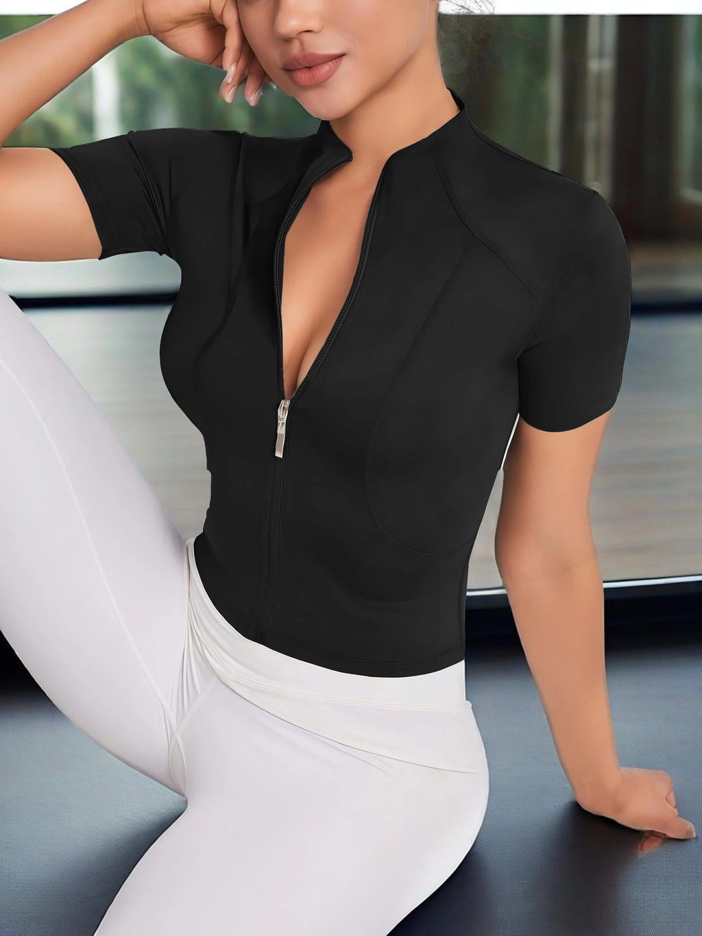 Fitness girl cycling yoga suit top, high-end full zipper jacket, sports T-shirt, training running short sleeved summer - Sun Studio