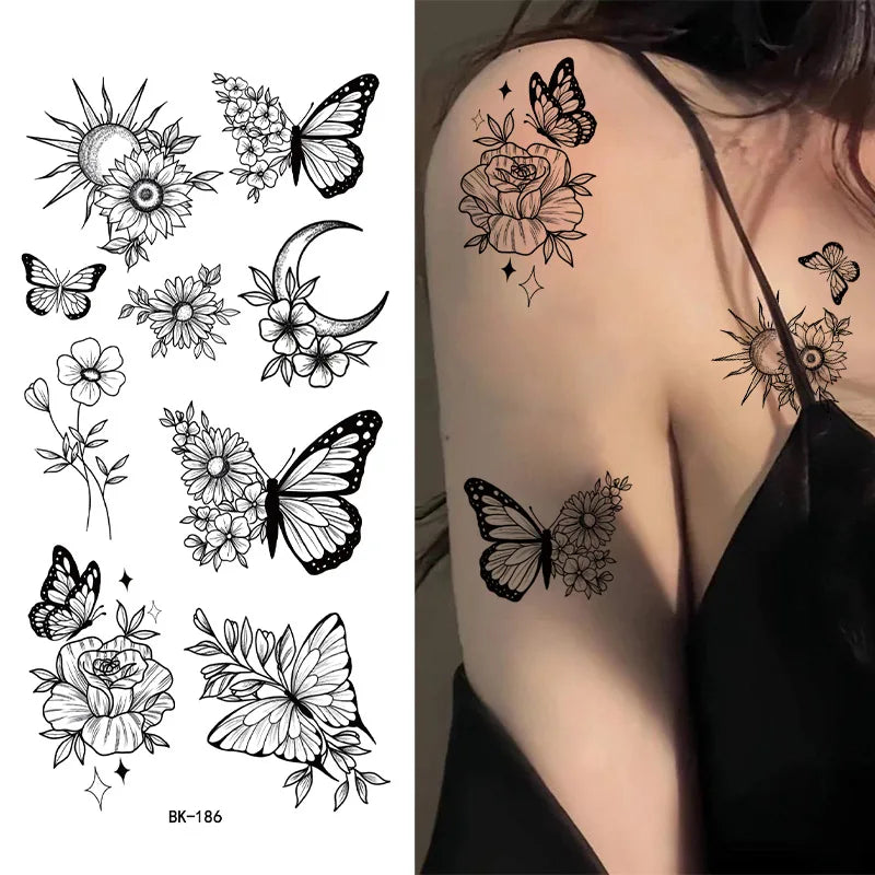 Schwarz Weiß Temporäre Transfer Tattoos Florale Schmetterlinge Schriftzüge Linienkunst Wasserfeste Körperaufkleber für Musikfestival Party