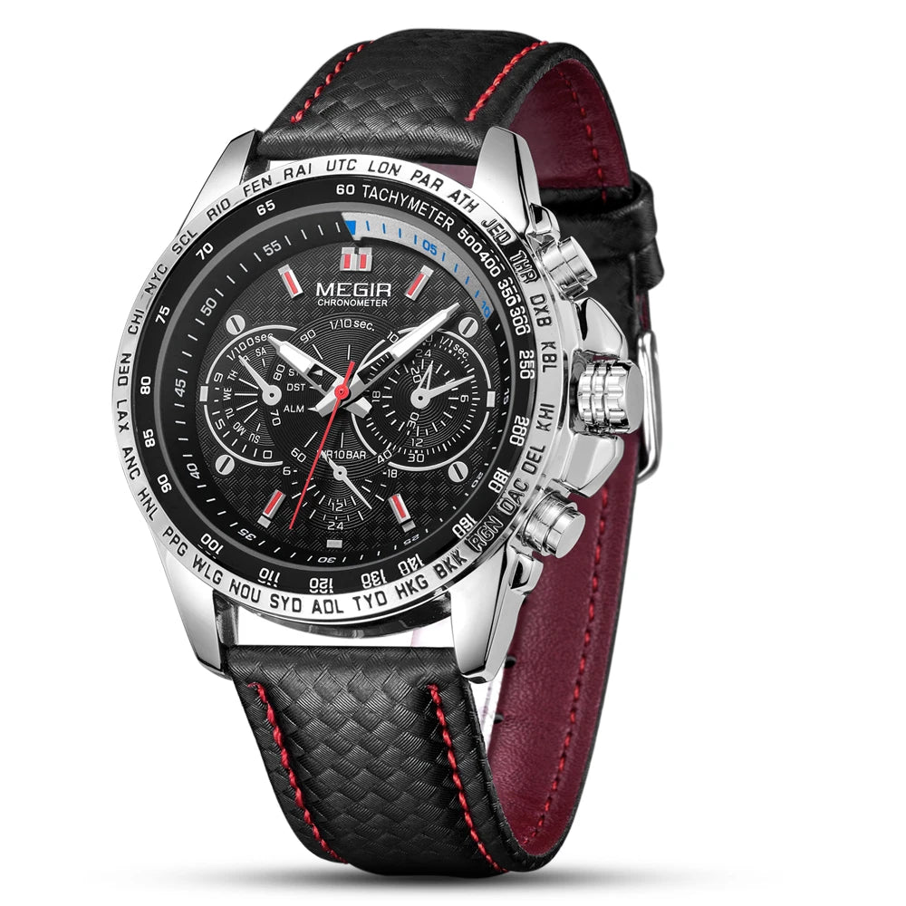 MEGIR Fashion Man's Quartz Analog Wristwatch Brand Waterproof Luxury Leather Watches for Men Casual Black Watch Male 1010 - Sun Studio