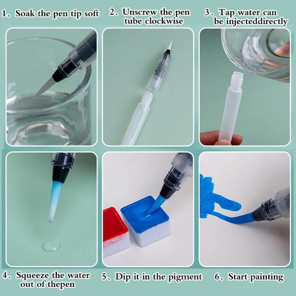 3pcs Refillable Water Brush Pens Set - Reusable & Beginner-Friendly for Students & Artists, Perfect for Watercolor Painting, - Sun Studio