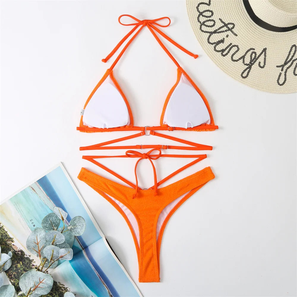 Micro String Extrem Bikini Orange Y2K Triangle Backless Swimsuit Toweling Rings Vacation Swimwear Women Push Up Beach Bath Suits - Sun Studio