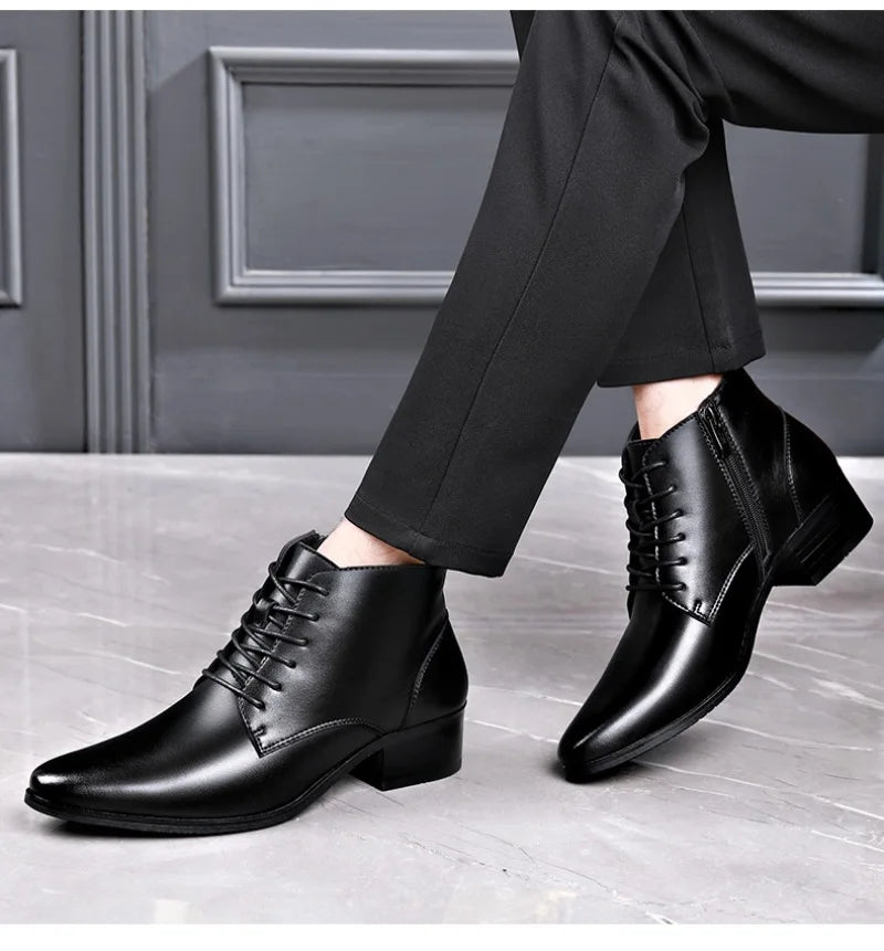 Men's Boots Fashion High-top Casual Boot Pointed Tip Business Leather Boots for Men Plush Warm Winter Boots Lace Up Ankle Botas - Sun Studio