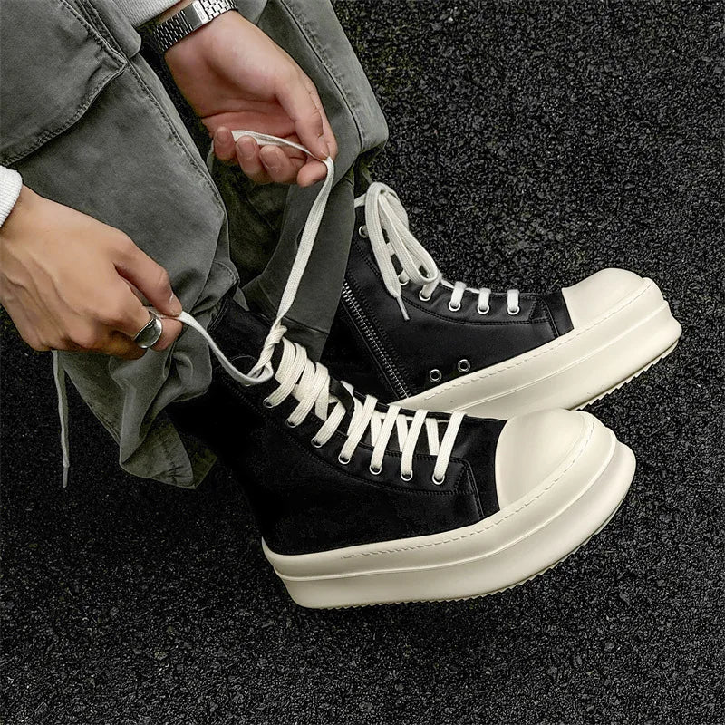 Cow split leather men leisure boots lace up black white shoes casual platform - Sun Studio