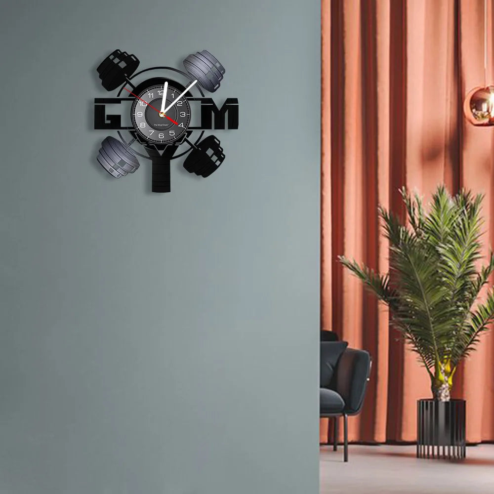 Fitness Equipment Theme Vinyl Record Fitness Wall Clock Home Decoration LED Backlight Modern Fitness Watch - Sun Studio