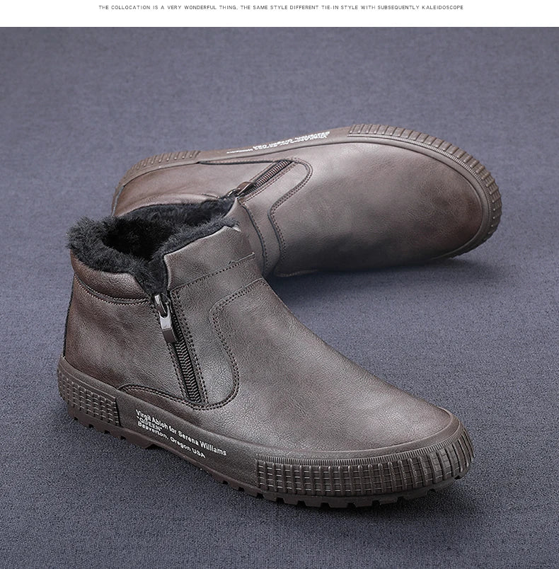 Man Winter Warm Leather Boots Warm Plush Inside High Tops Casual Shoes Slip on Keep Warm Thick Fur Men's Platform Ankle Boots - Sun Studio