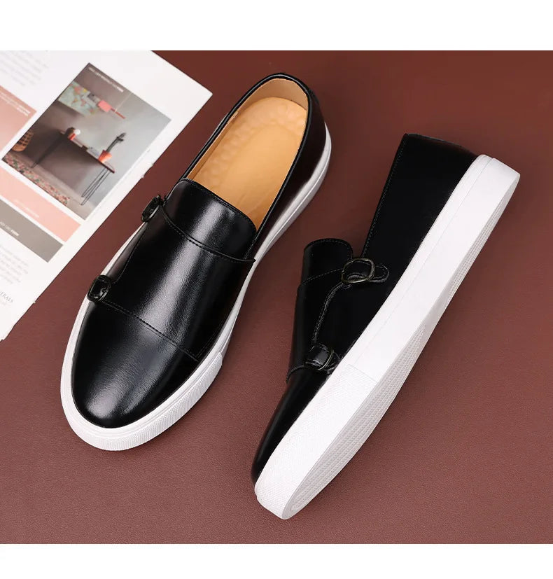 Fashion Man Casual Shoes Leather Men's Retro British Style Loafers Slip-on Outdoor Flats Double Monk Business Daily Shoe - Sun Studio