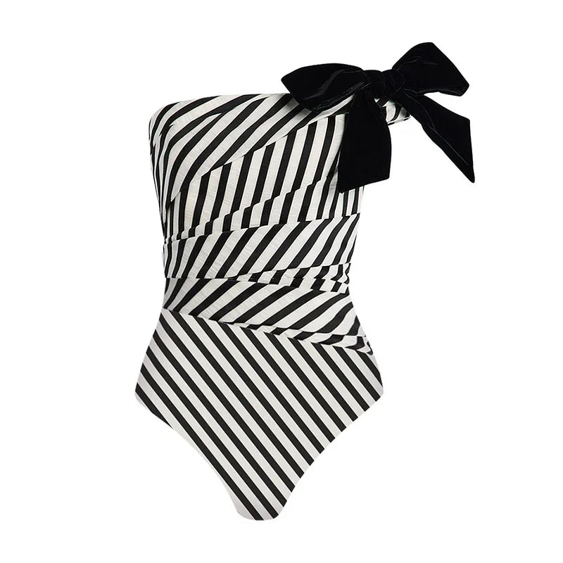 Black Swimsuit Flaxmaker Women Vintage Bowknot Striped Swimwear With Midi Skirt Push Up Bikini Biquini Bathingsuit Bodysuit - Sun Studio