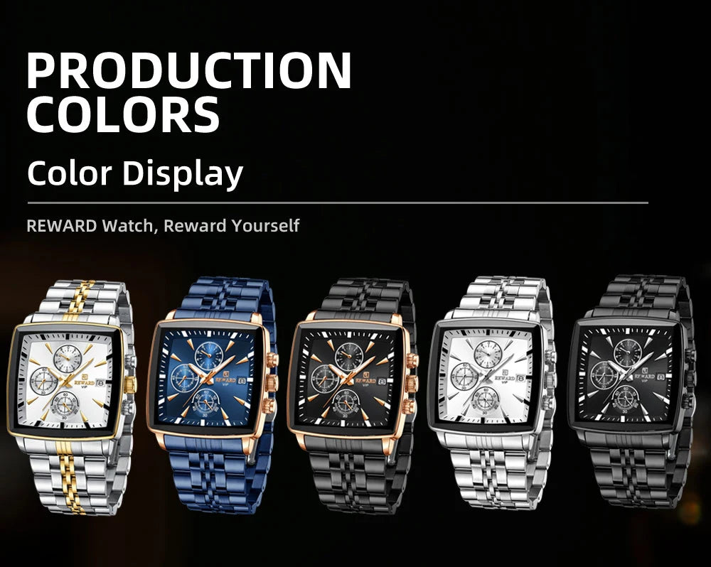 REWARD Fashion Square Dial Watch for Men Stainless Steel Waterproof Quartz Chronograph Mens Watches Luxury Sport Male Clock - Sun Studio