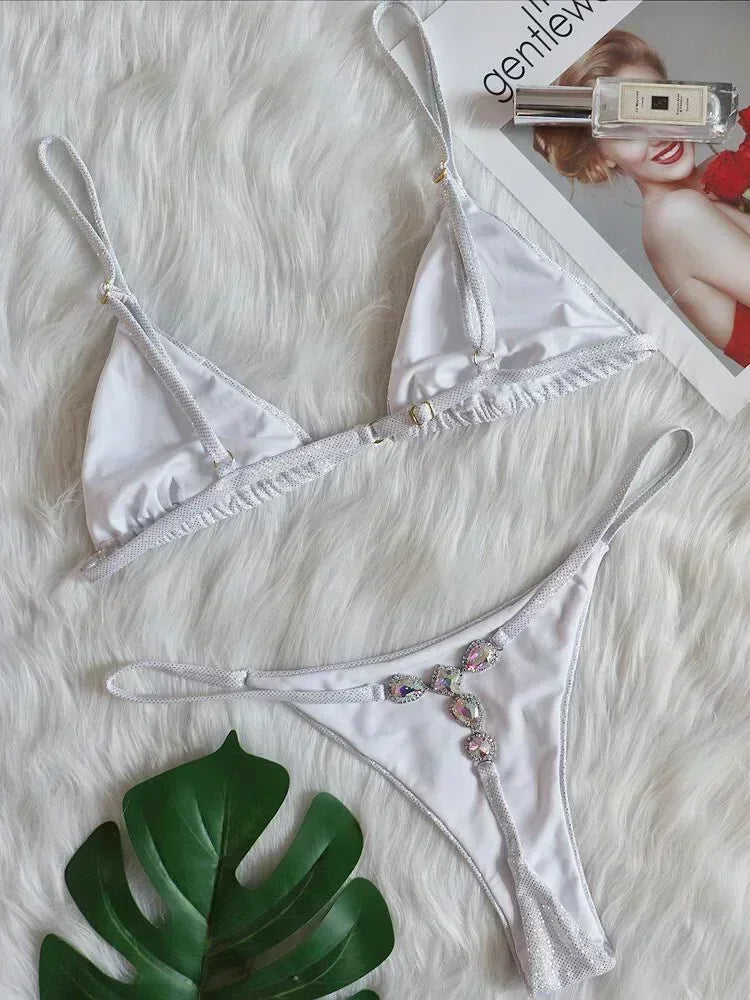Halter Rhinestone Diamant Bikini Frauen Badeanzug Weibliche Bikinis Metallkette Badebekleidung Zweiteiliges Bikini Set Badeanzug Schwimmen Damen