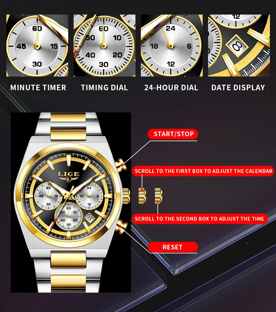 LIGE Top Luxury Man Quartz Watch Waterproof Luminous Date Chronograph Watches For Men Stainless Steel Fashion Men's Watch Reloj - Sun Studio