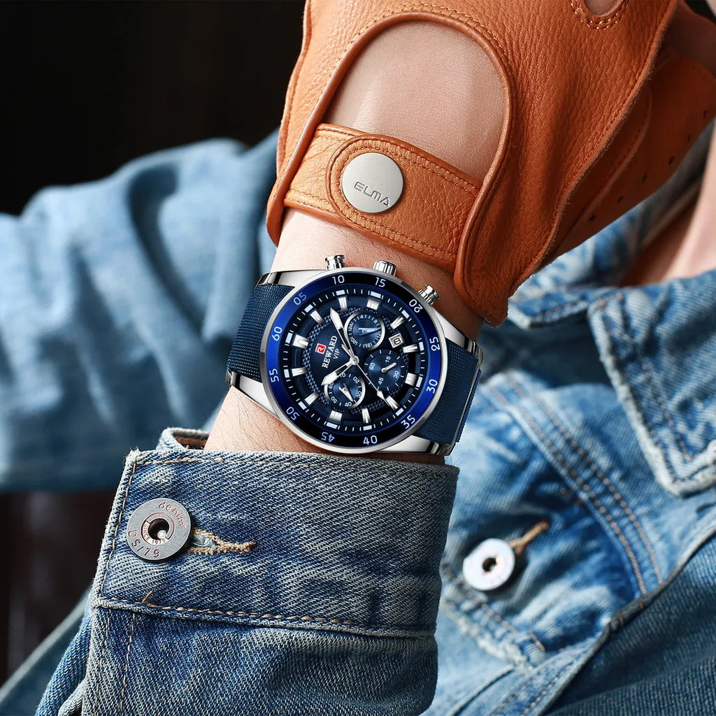 REWARD Blue Business Watches for Men Chronograph Silicone Quartz Wristwatch Man Wrist Watches Male Sports Waterproof Watch - Sun Studio