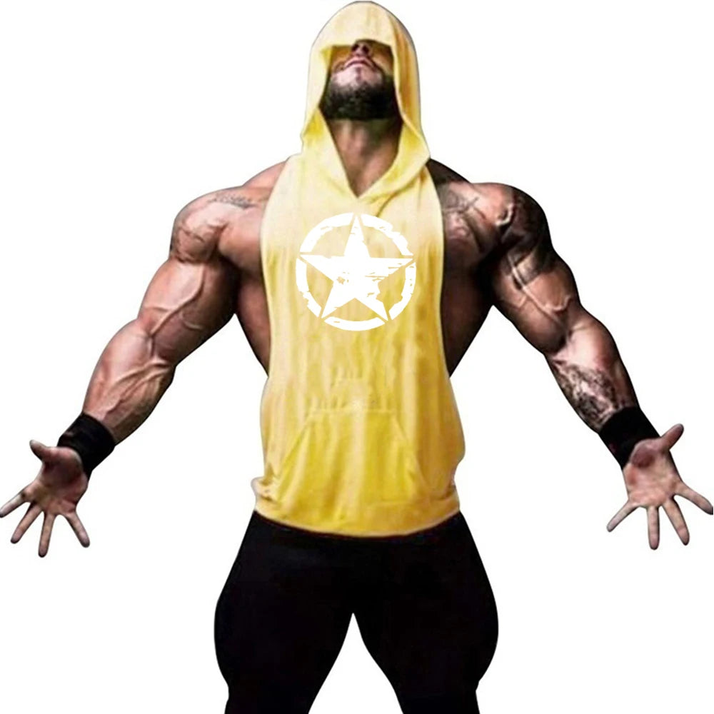 Fitness muscle vest sleeveless hooded men's summer gym sports hooded sweatshirt training sweat absorbing short sleeved vest - Sun Studio
