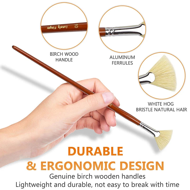 7/14pcs Fan Artist Bristle Paint Brush Set Natural Hog Bristle Hair Anti-Shedding Brush Tips Long Wooden Handle For Acrylic - Sun Studio