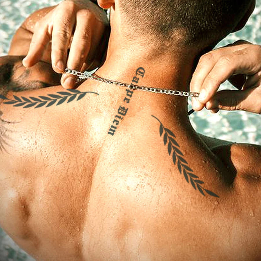 Waterproof Mehndi Design Semi-Permanent Tattoos, Retro Style Herbal Men's Neck Tattoo Stickers with Olive Leaf Totem, Temporary Tattoos for Chest and Back - Sun Studio