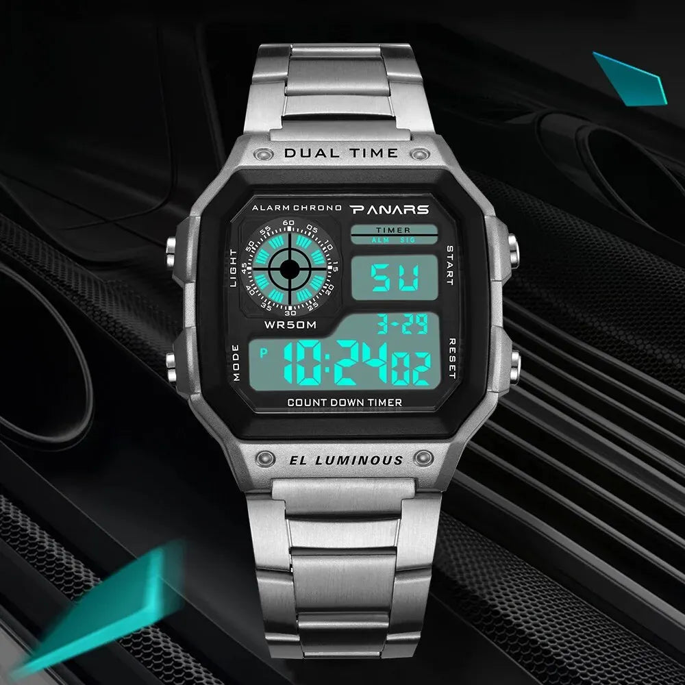 PANARS Top Luxury Stainless Steel Strap Sport Watches Mens Waterproof Back Light Digital Wristwatch Male Alarm - Sun Studio