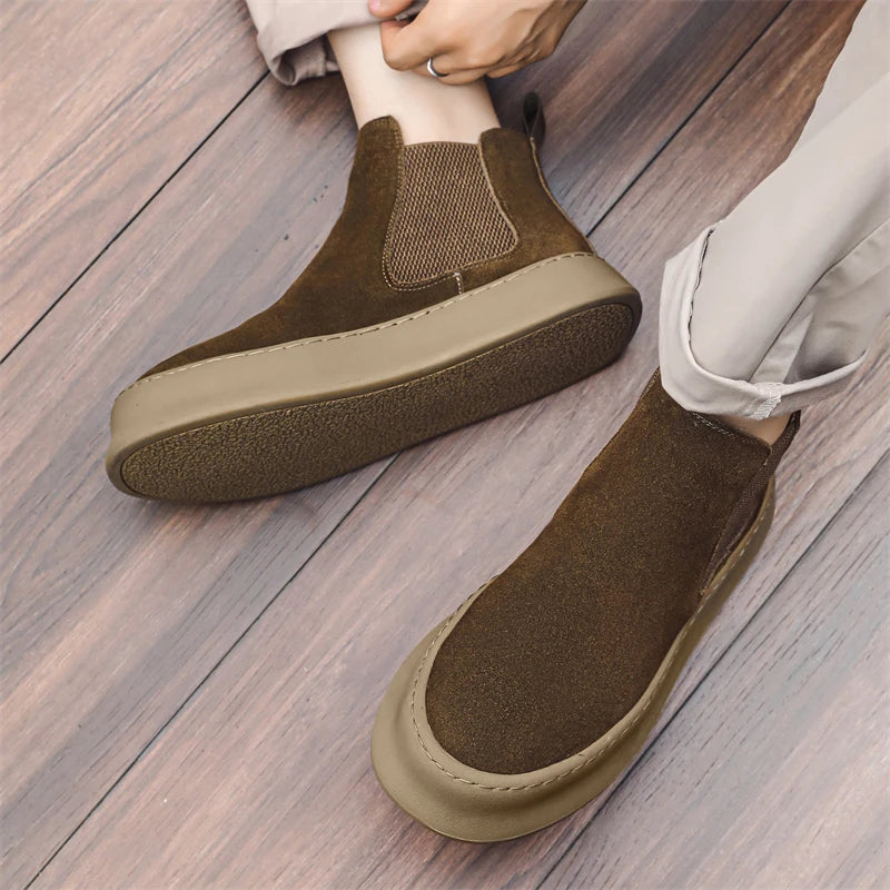 Fashion Brand Men Genuine Leather Mid Top Boots with British Style Autumn Winter Men Anti Slip and Wear-resistant Chelsea Boots - Sun Studio