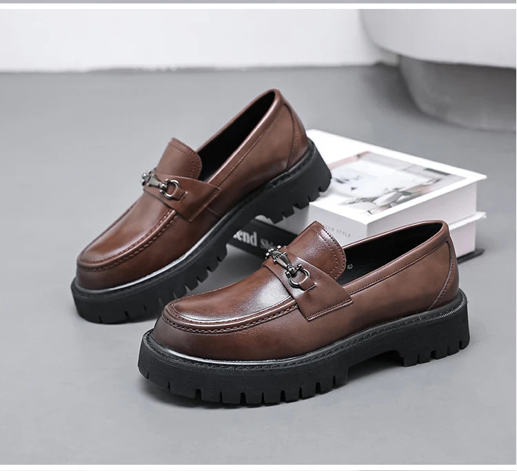 STRONGSHEN Men Leather Shoes Thick-soled British Style Formal Business Shoes Fashion Luxury Slip-On Round Toe Office Casual Shoe - Sun Studio