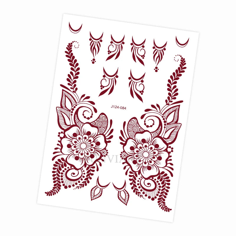 Waterproof Flower Hand Tattoo for Women Maroon Henna Tattoo Stickers for Hand Fingers Body Art Disposable Fake Tattoo Festival - Sun Studio