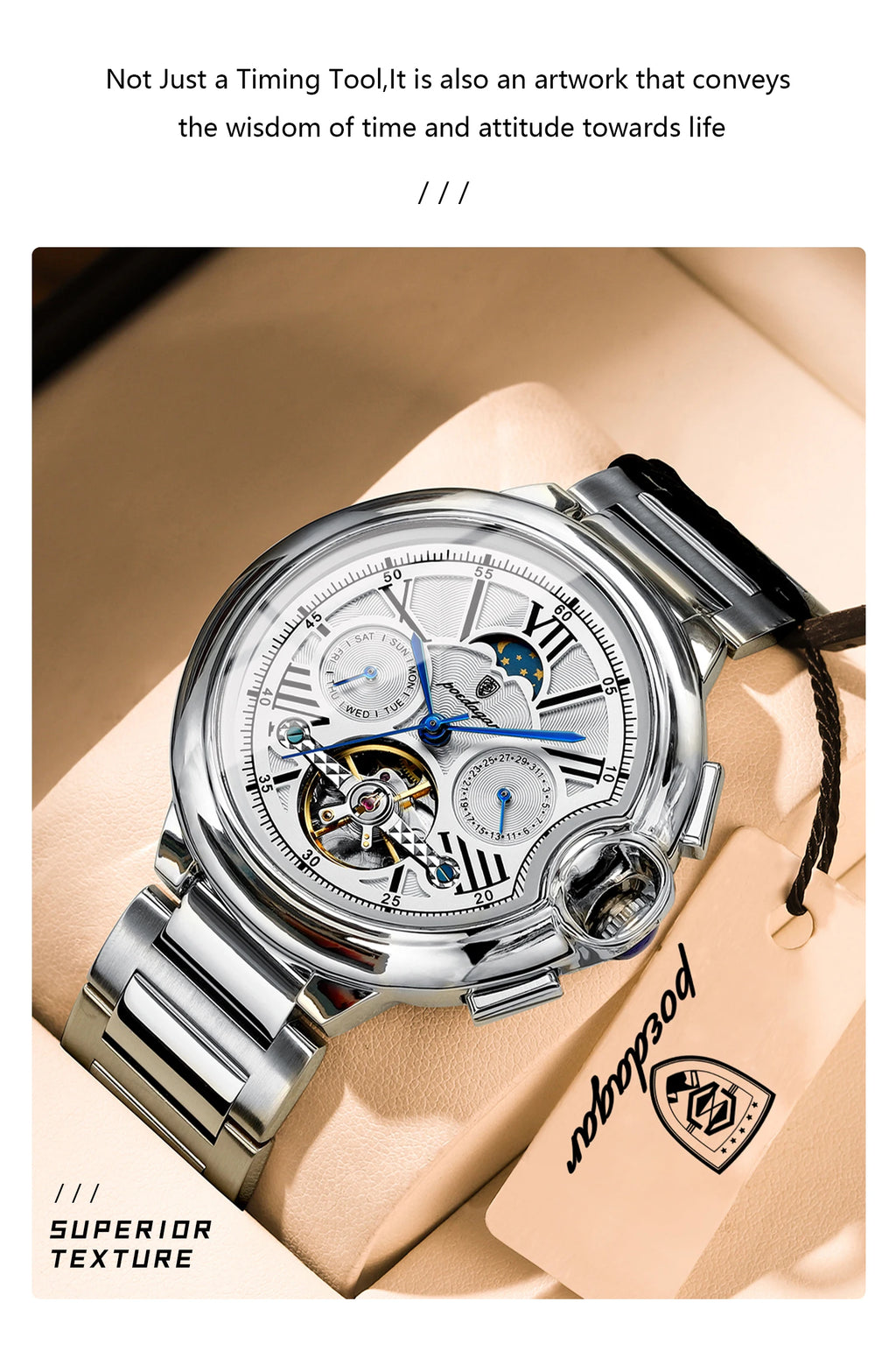 POEDAGAR Luxury Male Watch Business Date Week Stainless Steel Tourbillon Men Clock Waterproof Automatic Mechanical Men's Watches - Sun Studio