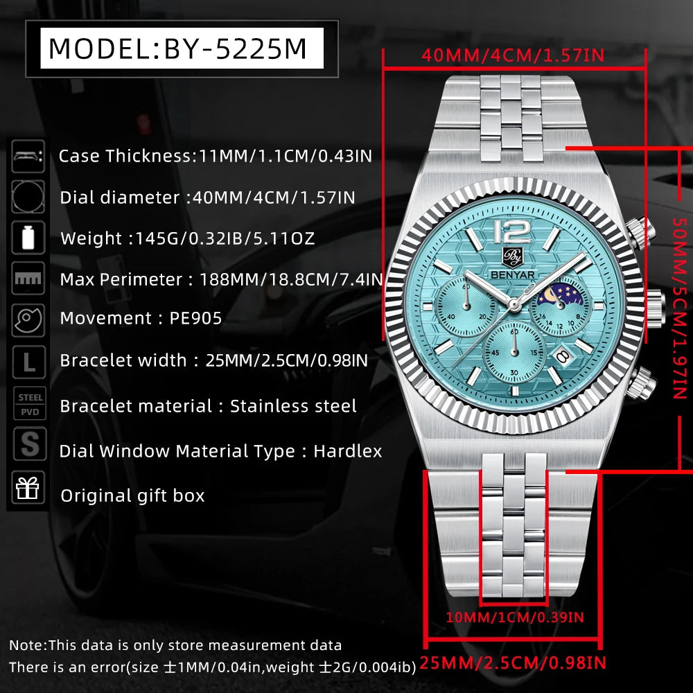 2025 New BENYAR Moon Phase Mens Watches Top Luxury Quartz Chronograph Watch For Men Stainless Steel Waterproof Sports Clock Gift - Sun Studio