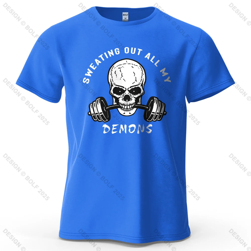 Fitness Skull Motivated Printed Men's T-Shirt 100% Cotton Oversized Gym Graphic Tees for Women Tops Tees Casual Streetwear - Sun Studio