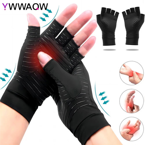 1 Pair Compression Gloves Hand Copper Arthritis Gloves Joint Pain Relief Half Finger Anti-slip Therapy Gloves For Womens Mens - Sun Studio