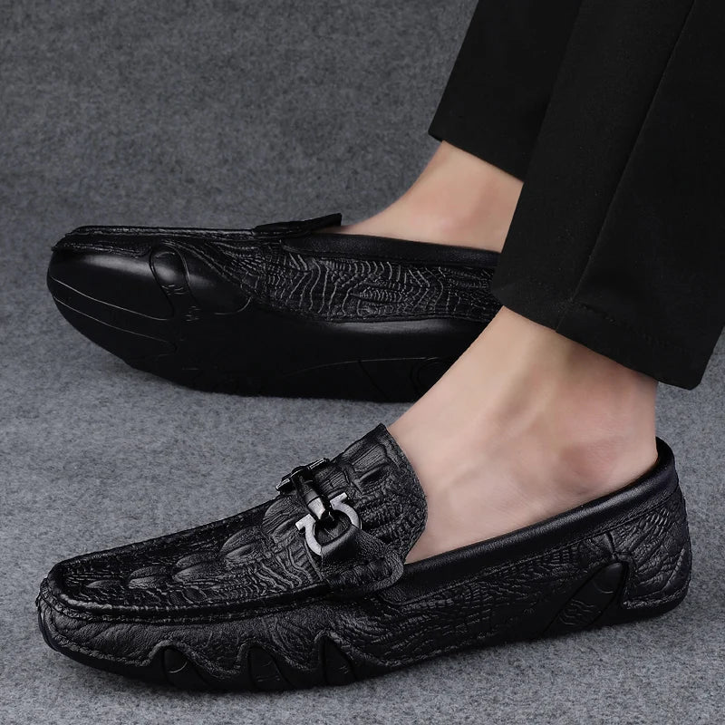 Mens Slip On Loafers Genuine Leather Casual Shoes Driving Moccasins Flats Luxury Brand Classic Black Handmade - Sun Studio