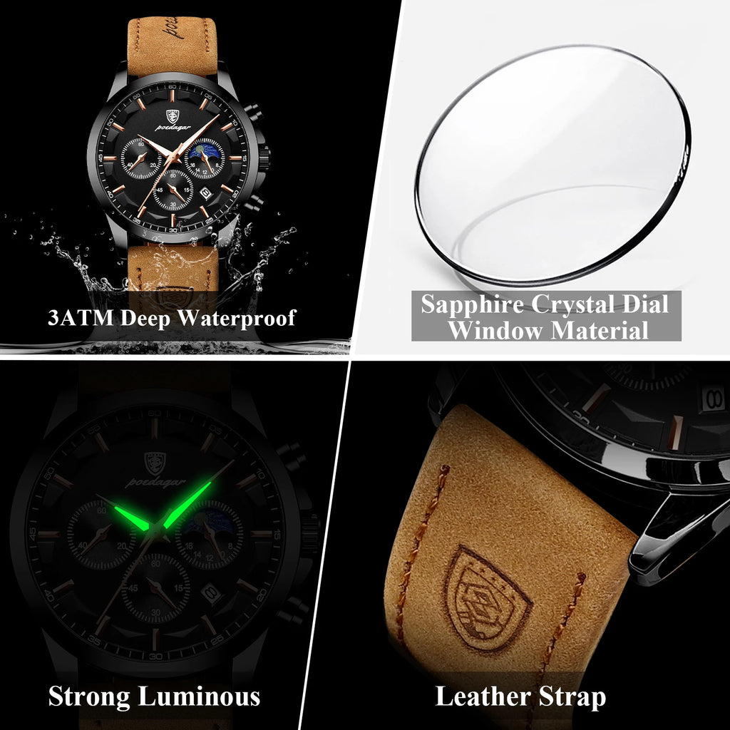 POEDAGAR Original Military Men Clock Waterproof Luminous Leather Quartz Man Watch Chronograph Date Luxury Business Men's Watches - Sun Studio