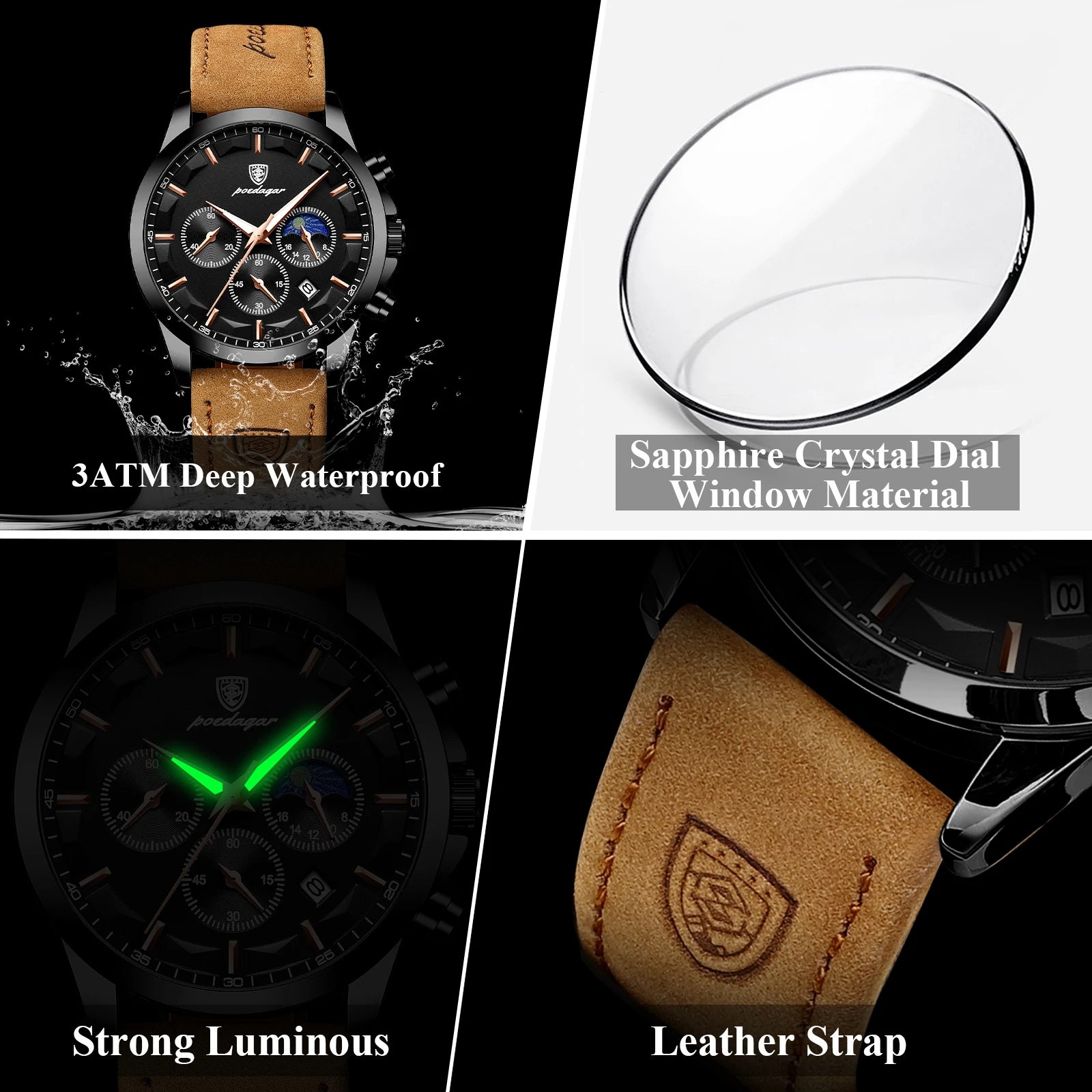 POEDAGAR Original Military Men Clock Waterproof Luminous Leather Quartz Man Watch Chronograph Date Luxury Business Men's Watches - Sun Studio