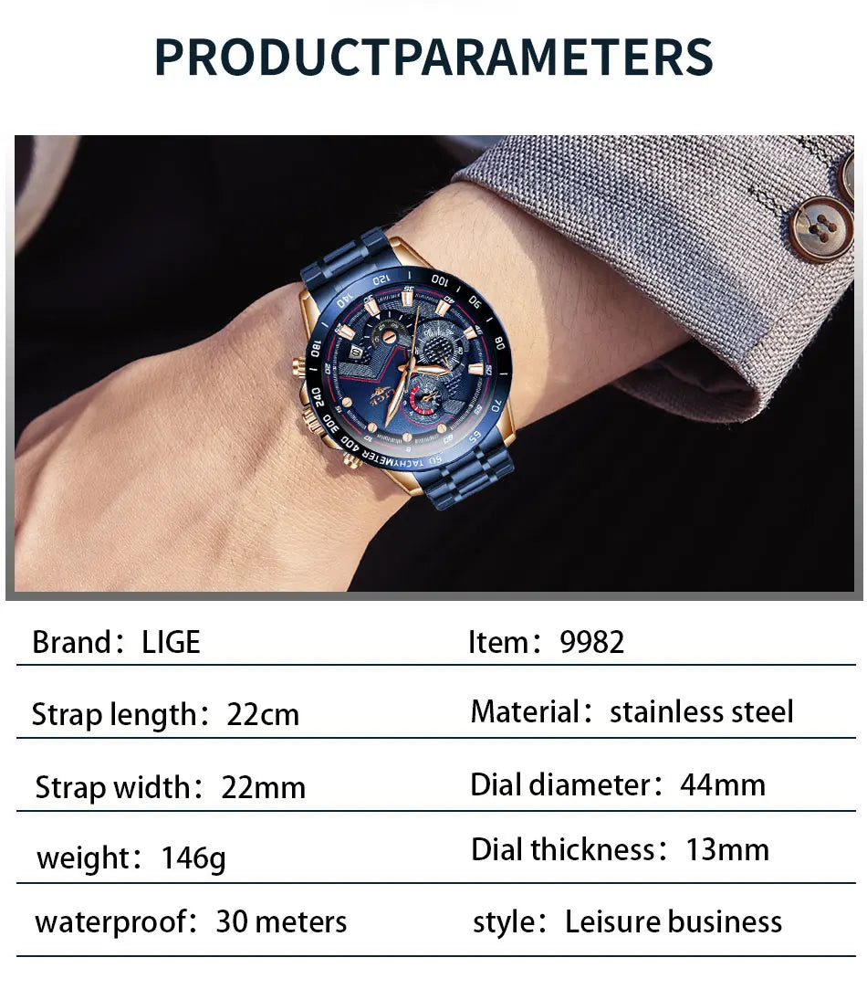 LIGE Business Men Watch Luxury Brand Stainless Steel Wrist Watch Chronograph Army Military Quartz Watches Relogio Masculino+BOX - Sun Studio