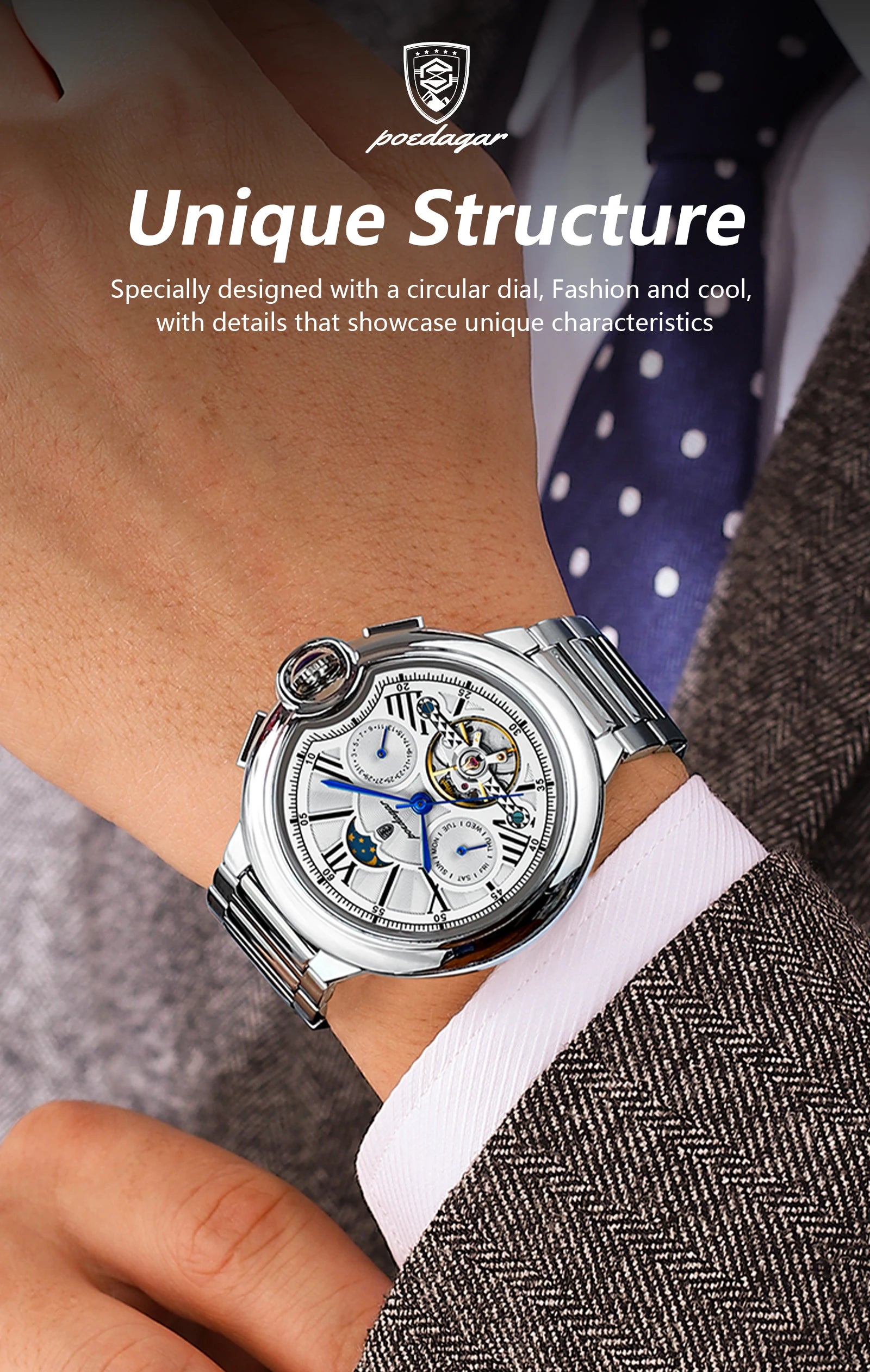 POEDAGAR Luxury Male Watch Business Date Week Stainless Steel Tourbillon Men Clock Waterproof Automatic Mechanical Men's Watches - Sun Studio
