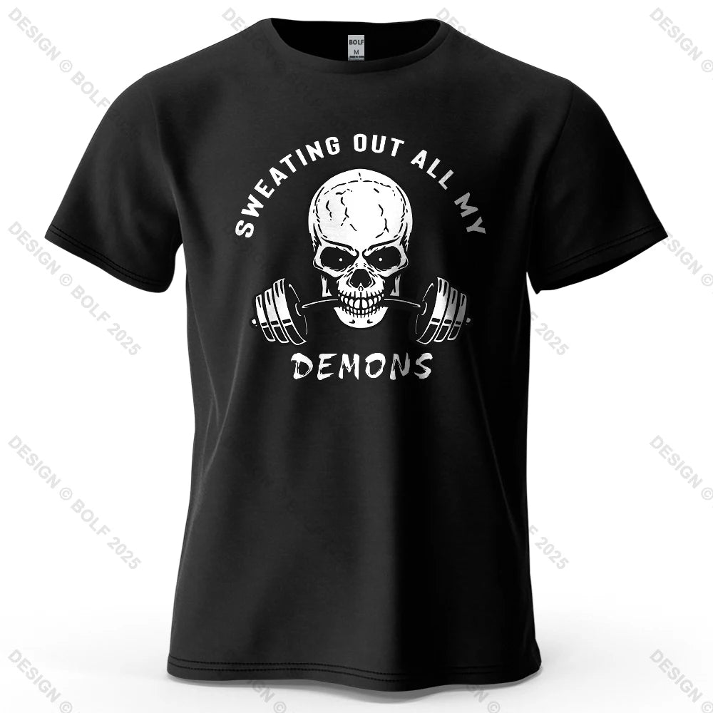 Fitness Skull Motivated Printed Men's T-Shirt 100% Cotton Oversized Gym Graphic Tees for Women Tops Tees Casual Streetwear - Sun Studio