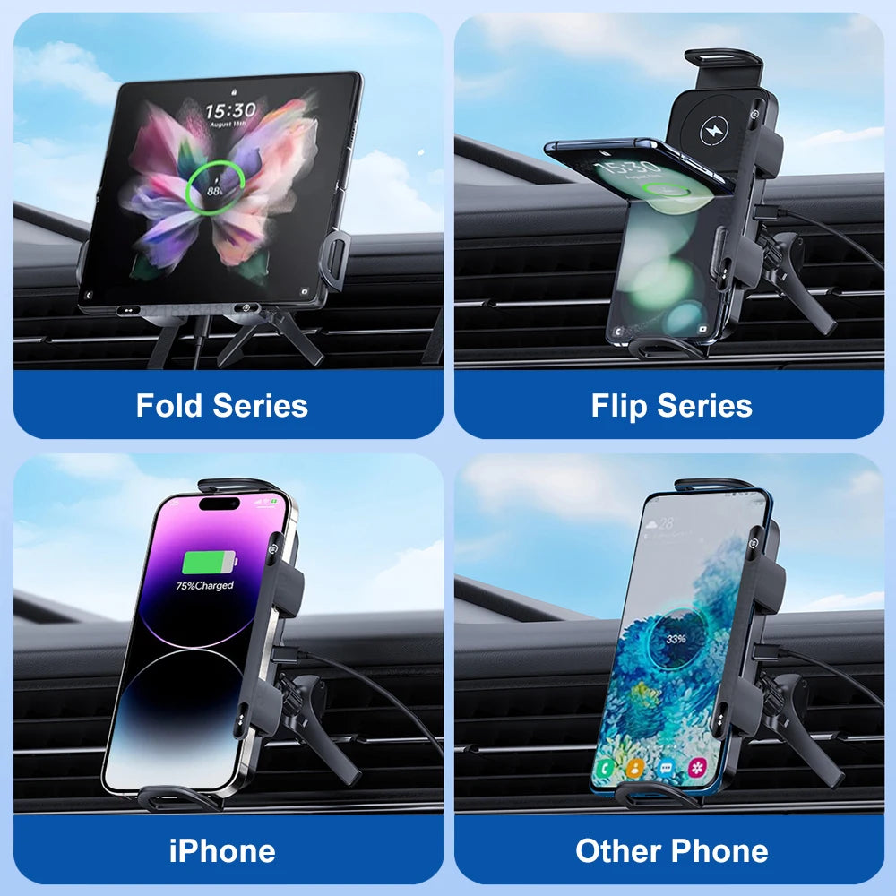 Car Wireless Charger DualCoil Fold Screen Car Phone Holder for Samsung Galaxy Z Fold 6 5 Flip 4 3 Fast Charging Vent Mount Stand - Sun Studio