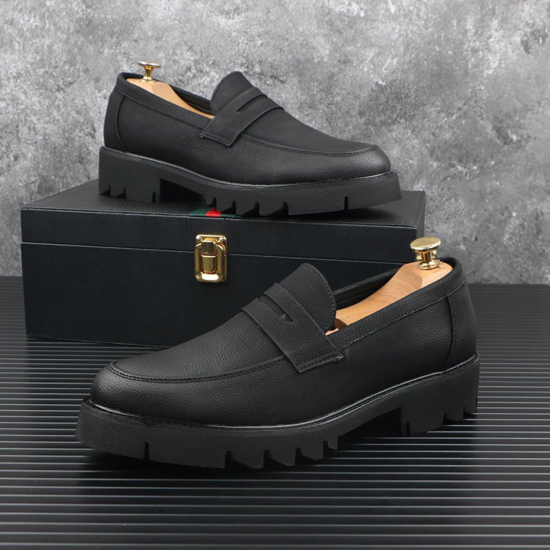 men casual genuine leather shoes slip-on driving shoe business wedding formal dress black trendy platform loafers mans footwear - Sun Studio