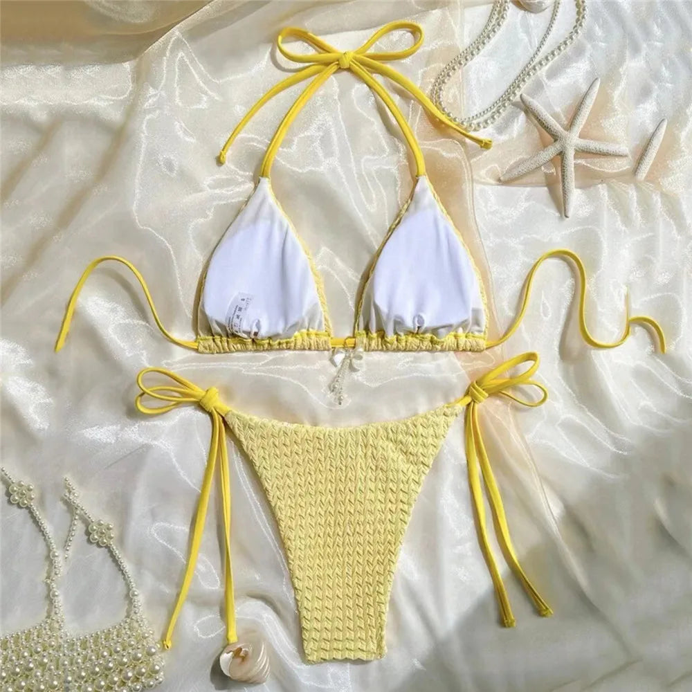 Yellow Halter String Triangle Micro Bikini Thong Solid Swimwears Bow Pearl Sexy Swimsuit Women Bathing Suit Bikinis Sets 2026 - Sun Studio