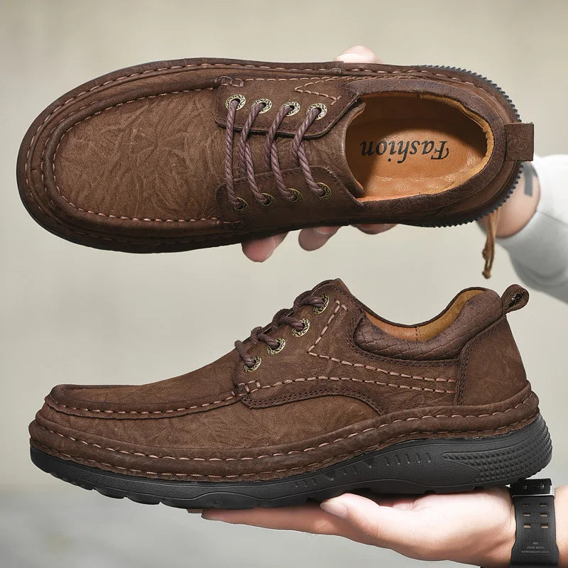 Genuine Leather Mens Loafers Anti-slip Rubber Man Casual Shoes Vintage Style Walk Shoes Slip-On Hiking Footwear Luxury Moccasins - Sun Studio