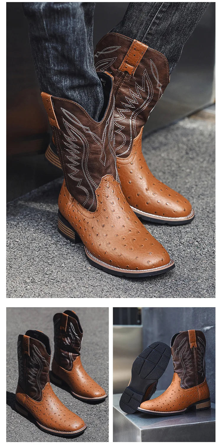 Men's Classic Retro Western Cowboy Boots Embossed Leather Mens Fashion Embroidery Mid-Calf Boot High top Casual Shoes for Men - Sun Studio