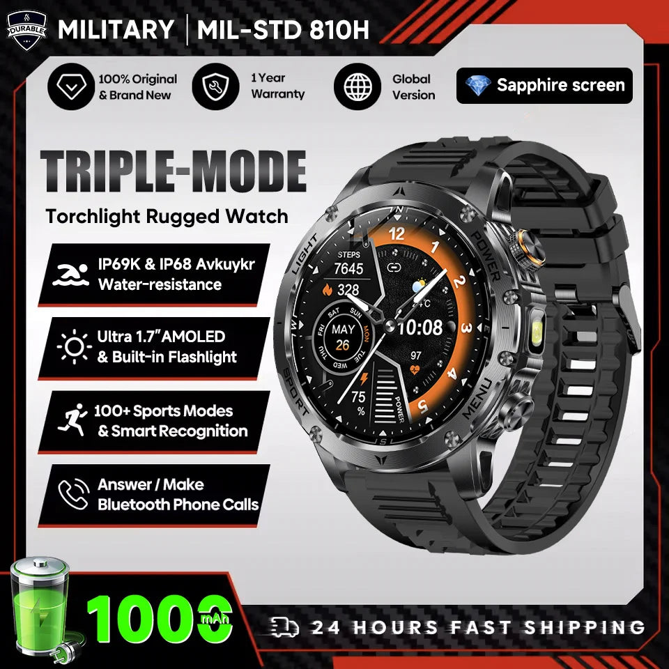New Men Military Outdoor 1000mAh Battery Smart Watch GPS NFC Watches 3ATM Waterproof Swim 1.7-inch HD Bluetooth Call Smartwatch - Sun Studio
