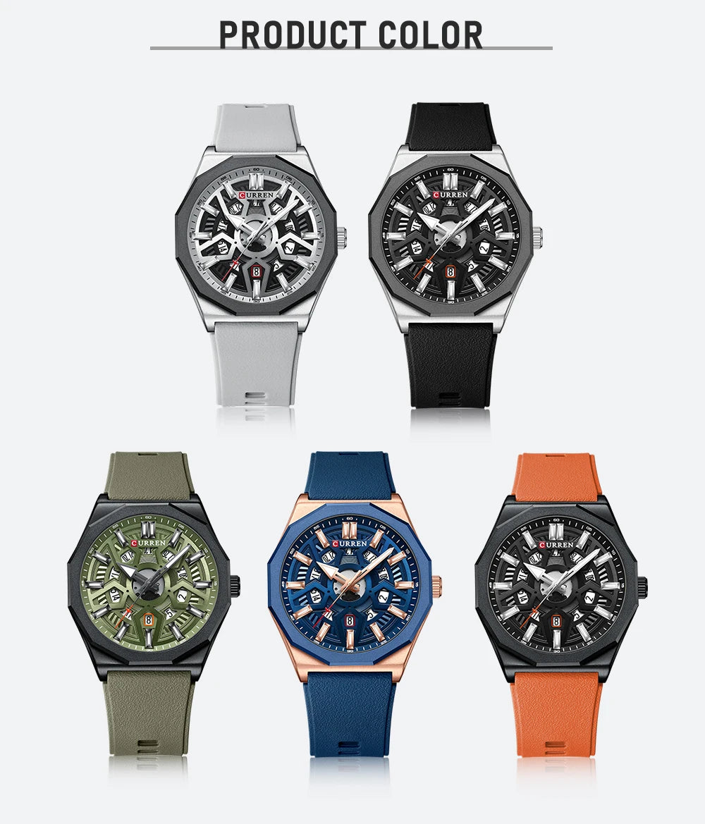CURREN Fashion Creative Design Watches Men Quartz Silicone Strap Date Wristwatches for Male Clock with Luminous Hands - Sun Studio