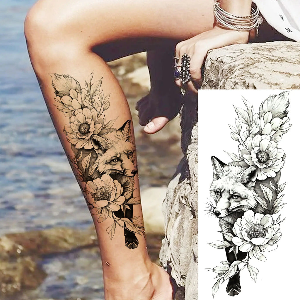 1 Blatt Schönes Schildkröte mit Blumen Temporäre Tattoos Elefant Löwe Tattoos Wasserdicht Realistische Tiere Fake Tattoos Aufkleber