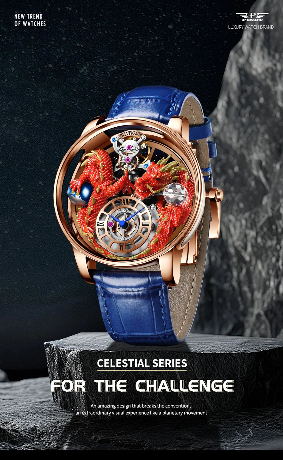 PINDU Design New 3D Dragon Earth Theme Quartz Watches Men Celestial Series Curved Mirror Transparent Design Watch Wristwatches - Sun Studio