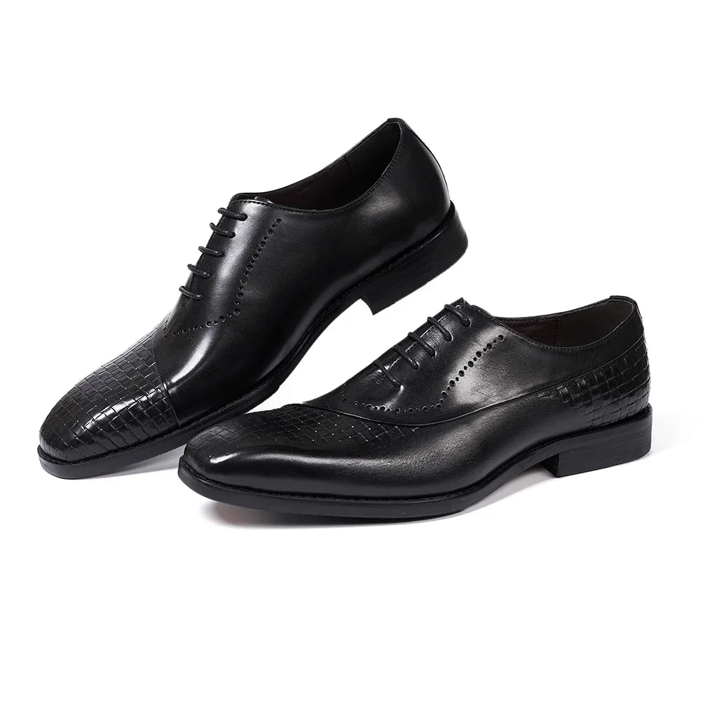 Men's Genuine Leather Oxfords Fashion Pointed Toe Wedding Party Dress Shoes Luxury Lace-Up Office Career Formal - Sun Studio