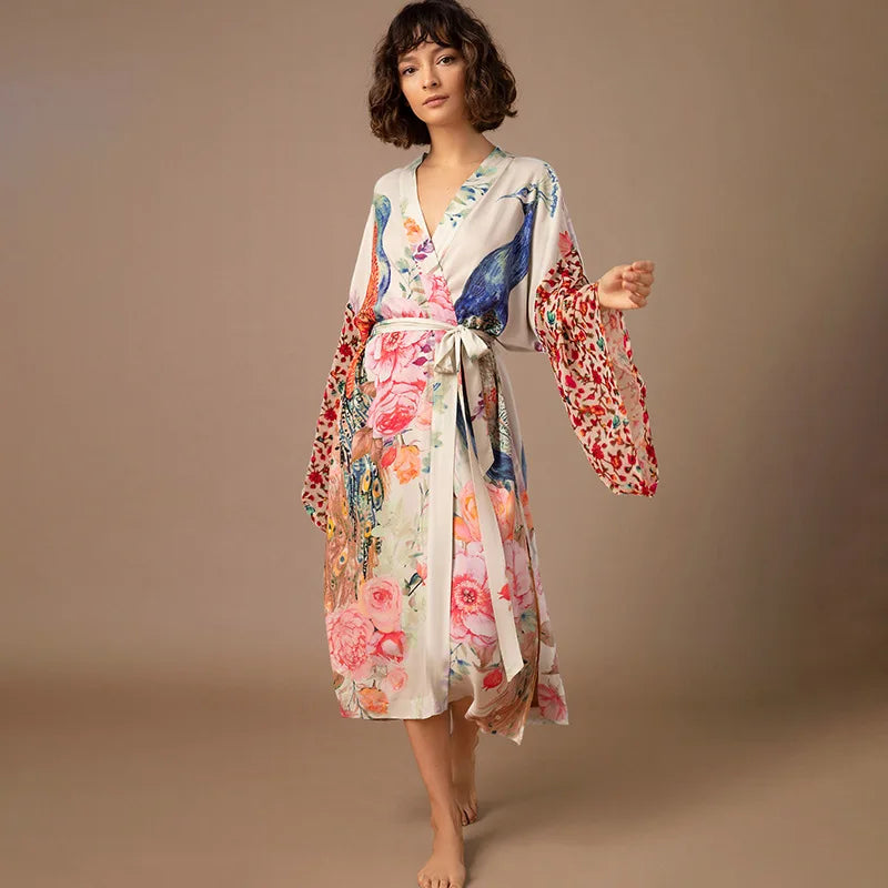 Beach Kimono for Women Peocock Printed Swimsuit Cover Up Self Belted Wrap Dresses Seaside Bathing Suits Beachwear - Sun Studio