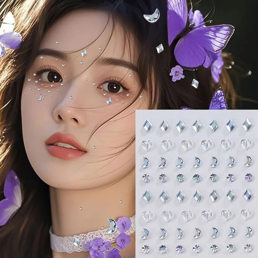 1Sheet 5D Mixed Shell Aurora Rhinestone Girl Face Stickers Hollow Star/Moon/Heart Self-Adhesive Cute Girl Make Up Diamond Decal - Sun Studio