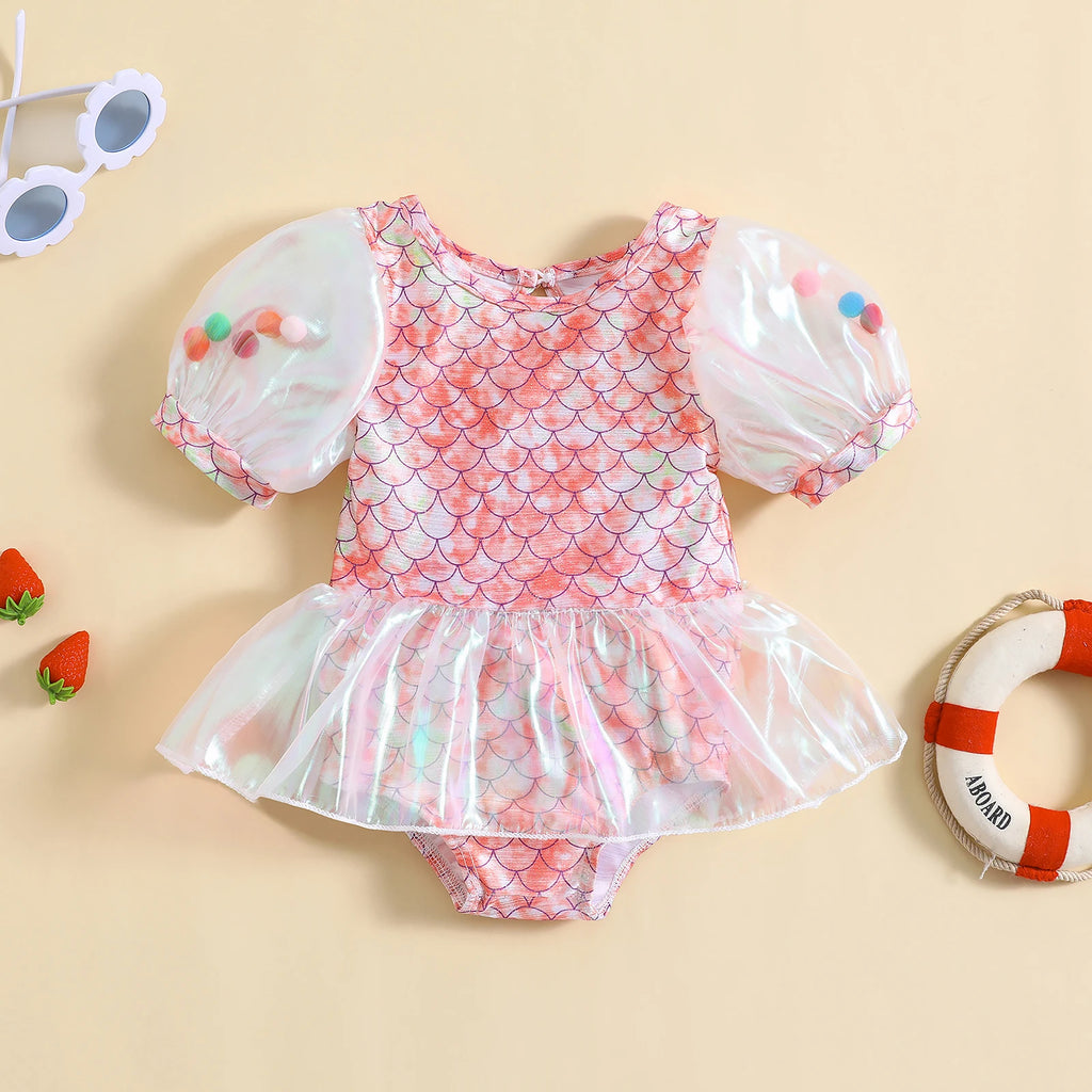 FOCUSNORM 1-5Y Kids Girls Summer Swimsuit Mermaid Skin Printed Mesh Patchwork Short Puff Sleeve Jumpsuits Beachwear - Sun Studio
